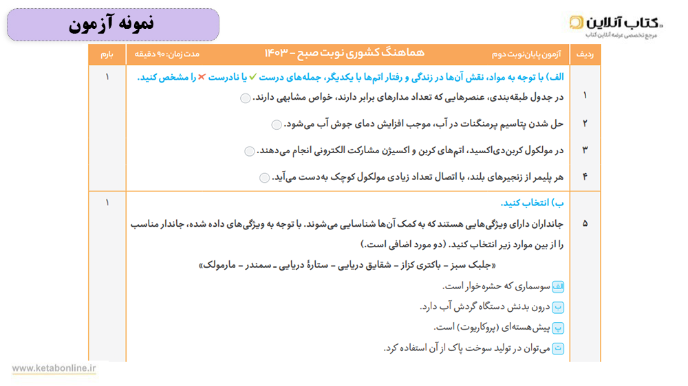 آزمون های امتحانی علوم نهم فرمول بیست