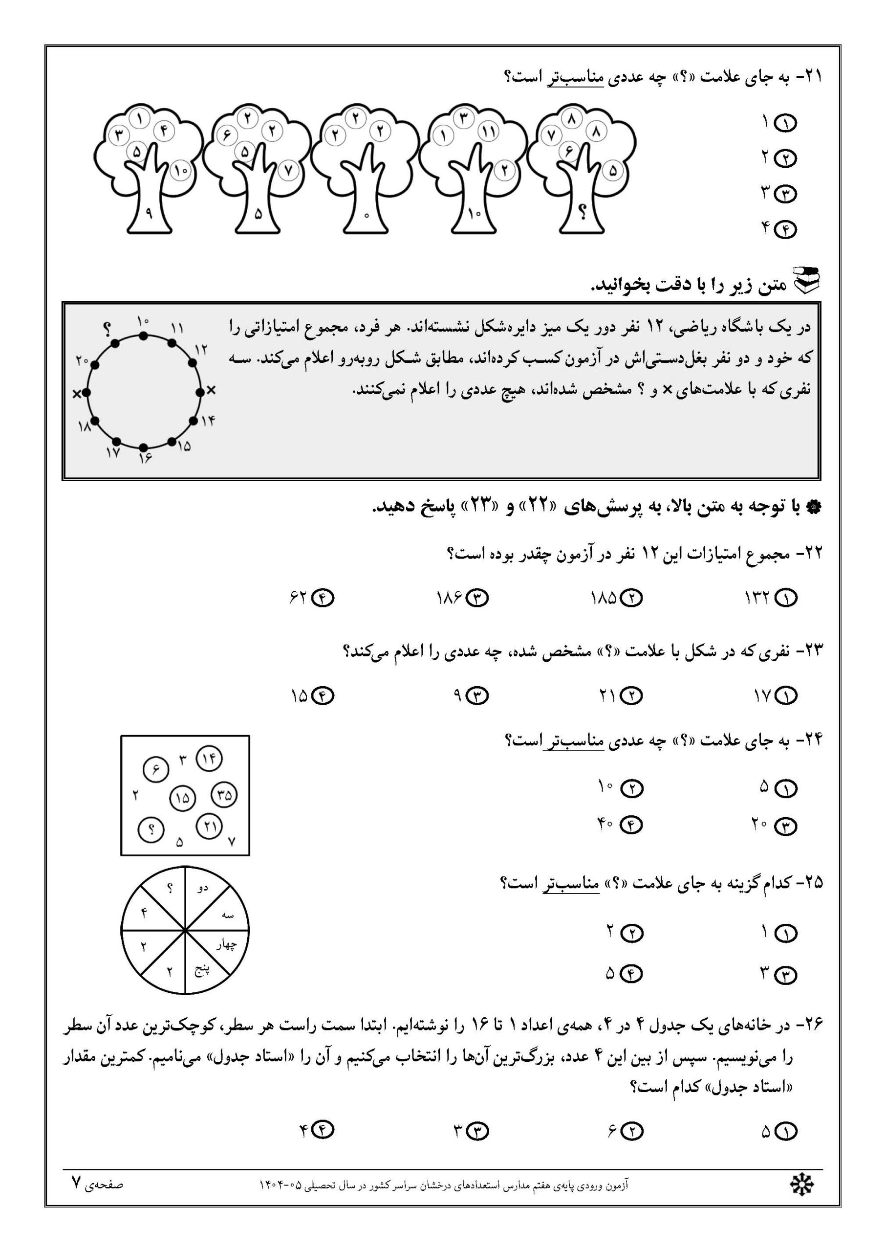 سوالات تیزهوشان 1404 دفترچه 1 صفحه 7