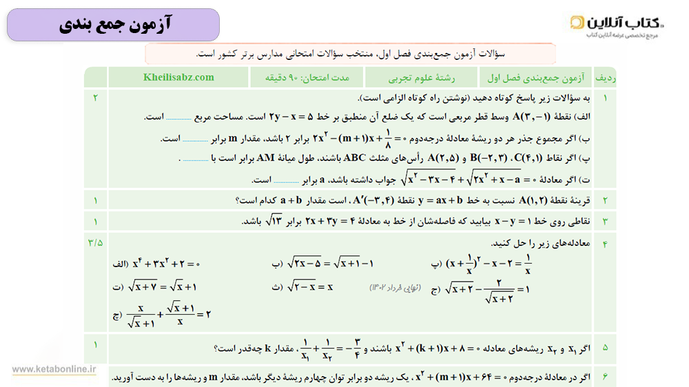 آزمون جمع بندی ماجرای بیست ریاضی یازدهم تجربی خیلی سبز