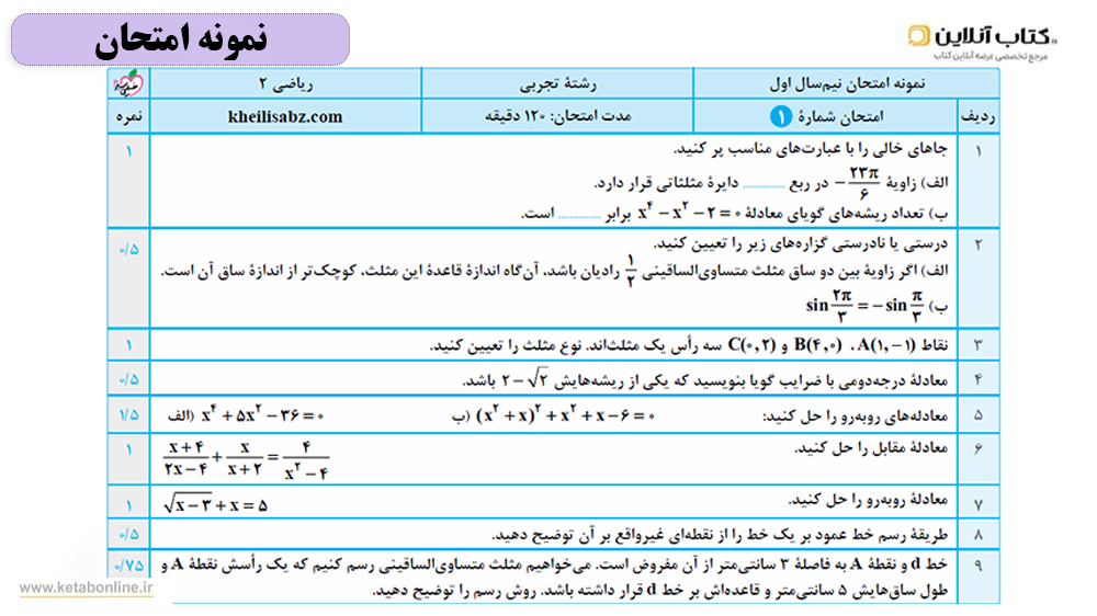 آزمون های نوبت اول و دوم ماجرای بیست ریاضی یازدهم تجربی خیلی سبز